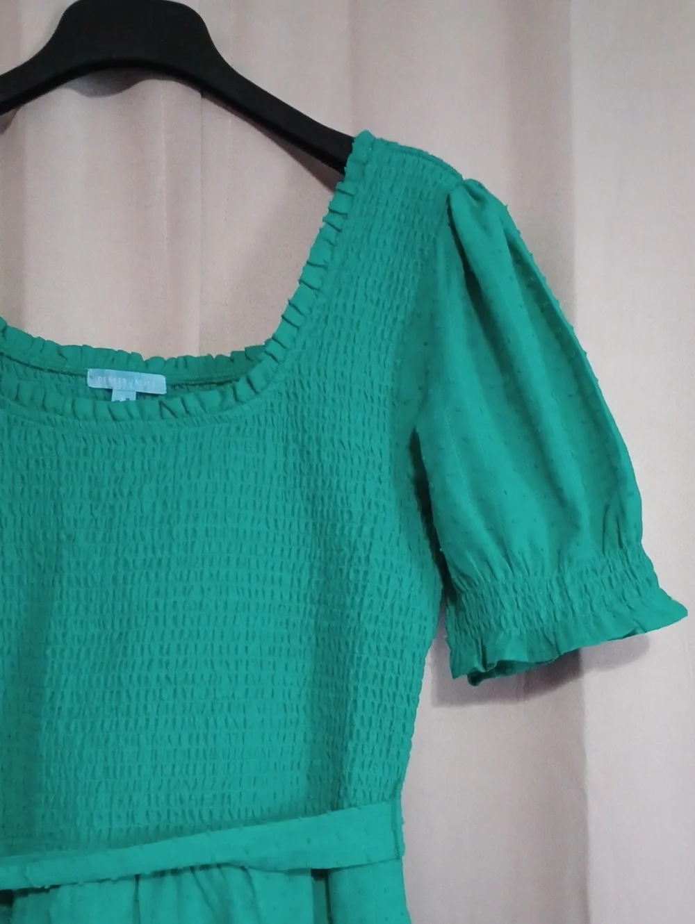 Draper James Green Smocked Puff Sleeve Square Neck Cotton Dress Pockets Size L